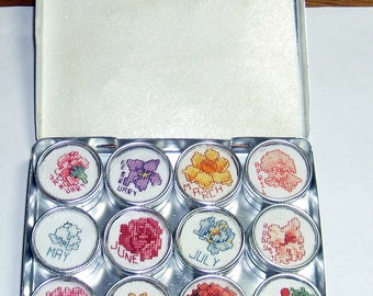 Cross Stitch Monthly Flowers Trinket Tins  with case