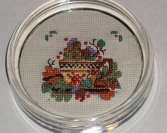 Autumn Teacup cross stitch paperweight/coaster