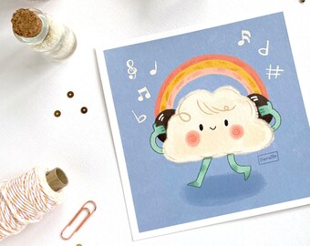 Rainbow Cloud Music Art Print - Cute Kawaii Art Print - Art Illustration Print - Home Décor Art Print - Aesthetic Square Wall Art Print