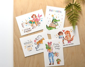 Set of 5 Postcards, blank notecards, snail mail, trendy illustration, handlettering, animal greeting cards, cute stationery, watercolor.