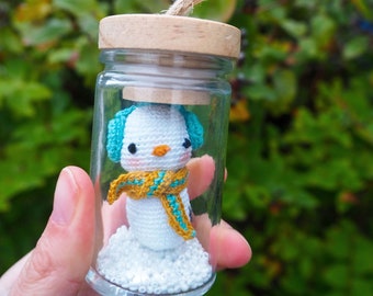 Snowman Christmas tree ornament. Glass decoration bottle. Crochet kids design. Home ornament. Amigurumi holiday. Kids decor. Ready to ship