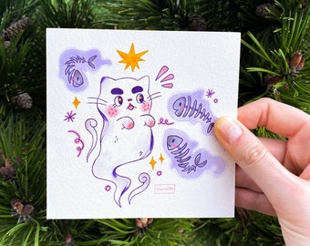 Ghost Kitty Art Print – Kawaii Halloween Illustration, Home Decor