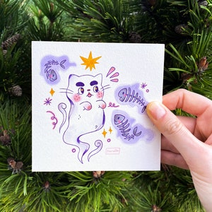 Ghost Kitty Art Print - Cute Kawaii Art Print - Halloween Art Illustration Print - Home Décor Art Print - Aesthetic Square Wall Art Print