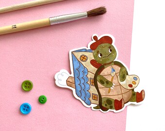 Turtle Homebody Artist Character - Durable Waterproof Vinyl Sticker - Painting Bujo Sticker - Bullet Journal Quirky Stationery Illustration