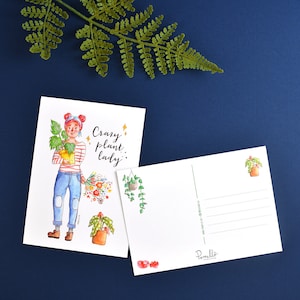 Postcard crazy plant lady, blank notecard, snail mail, trendy illustration, succulent, cactus greeting card, cute stationery, watercolor.