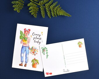 Postcard crazy plant lady, blank notecard, snail mail, trendy illustration, succulent, cactus greeting card, cute stationery, watercolor.