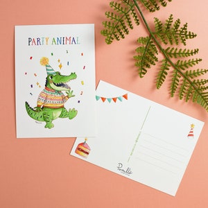 Postcard crocodile, blank notecard, snail mail, trendy illustration, party animal, cake banner, greeting card, cute stationery, watercolor.