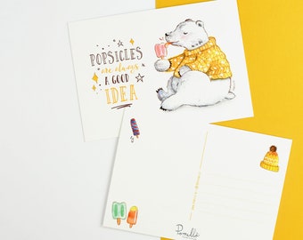 Postcard polar bear sweater, blank notecard, snail mail, trendy illustration, ice cream, animal greeting card, cute stationery, watercolor.