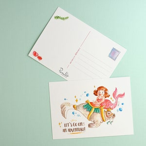 Postcard mermaid manatee, blank notecard, snail mail, trendy illustration, adventure, animal greeting card, cute stationery, watercolor.