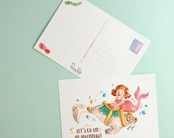 Postcard mermaid manatee, blank notecard, snail mail, trendy illustration, adventure, animal greeting card, cute stationery, watercolor.