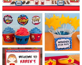 Wonder Gal Birthday Party Decorations - Personalised Printables, superhero party printables, wonder woman party printables
