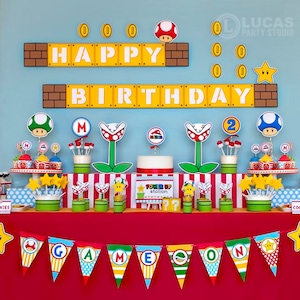 スーパーマリオにインスパイアされた誕生日のデコレーション - パーソナライズされた印刷物 - マリオカートのパーティーデコレーション、スーパーマリオパーティー、1歳の誕生日パーティー