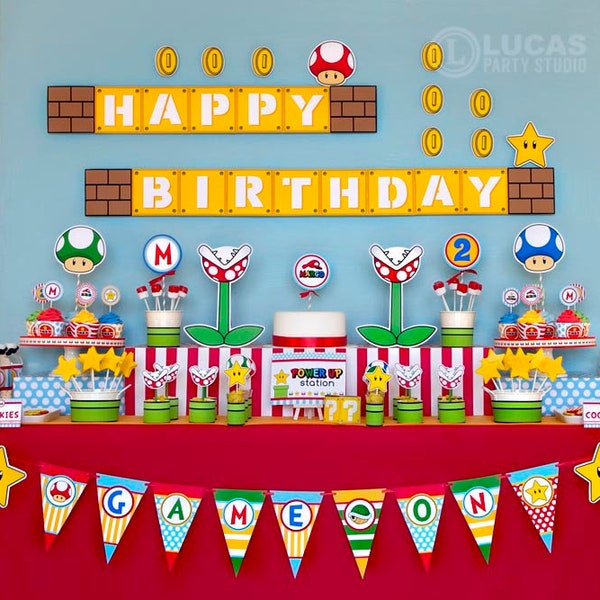 Super Mario Inspired Birthday Decorations - Personalised Printables - Mario cart party decorations, super mario party, 1st birthday party