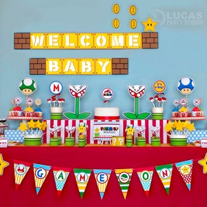 Op Super Mario geïnspireerde babyshowerdecoraties - gepersonaliseerde printables - mario-kar feestdecoraties, super mario-feest, parenshower