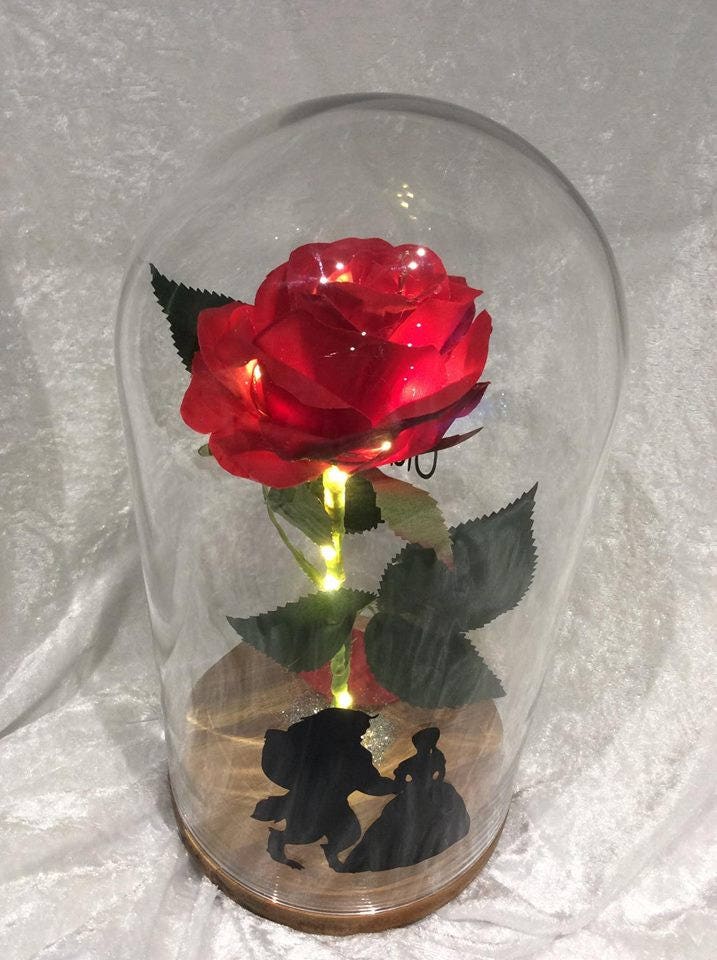 Beauty and The Beast Everlasting Rose Glass Dome on Wooden Etsy