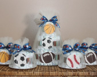 Sports Themed Diaper Cake Centerpiece and Four Smaller Cakes