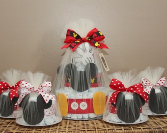 Mickey Mouse-inspired diaper cake combination (One 3-tiered diaper cake, six small diaper cakes)