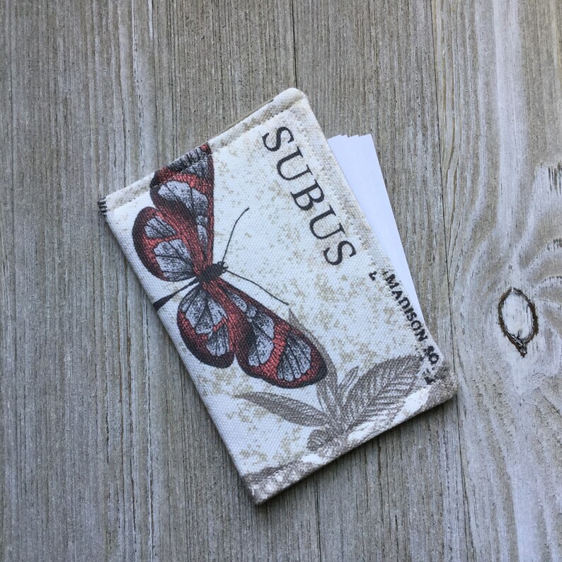 Business Card Pouch in Butterflies Fabric with Blue and Taupe Cash Holder Store Card Case Ready to Ship Contact Card Holder