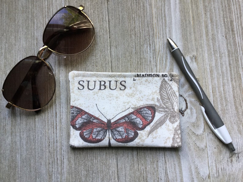 Business Card Pouch in Butterflies Fabric with Blue and Taupe Cash Holder Store Card Case Ready to Ship Contact Card Holder