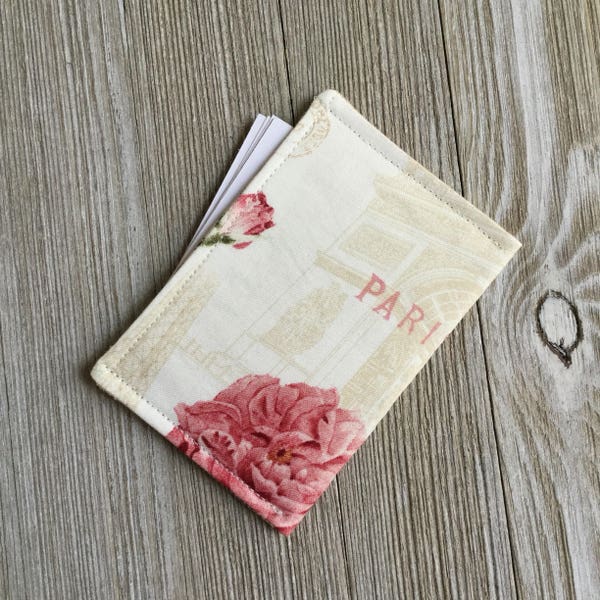 Contact Card Holder, Business Card Pouch, Store Card Case, Cash Holder, in Paris Rose Fabric with Striped Interior - Ready to Ship