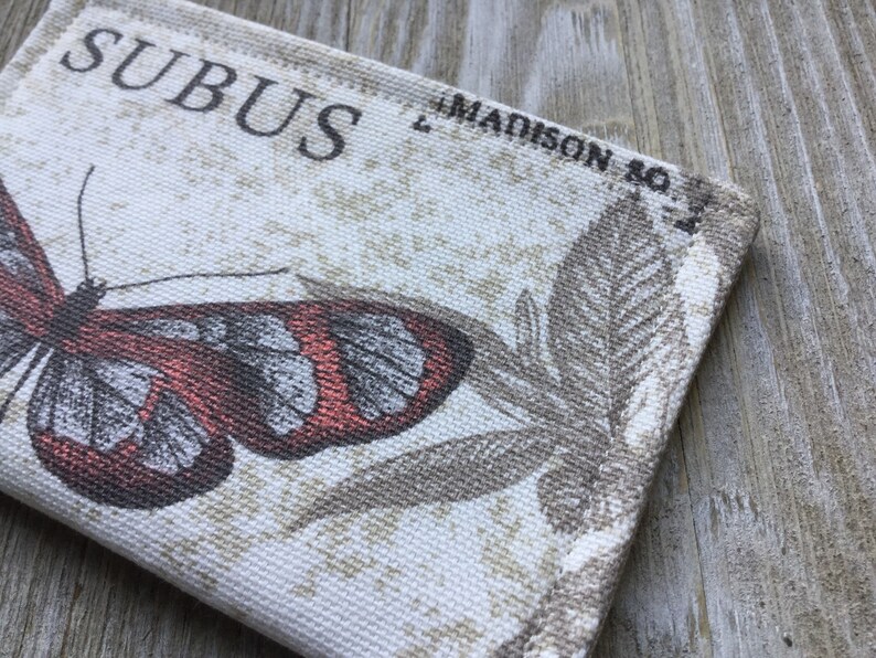 Business Card Pouch in Butterflies Fabric with Blue and Taupe Cash Holder Store Card Case Ready to Ship Contact Card Holder