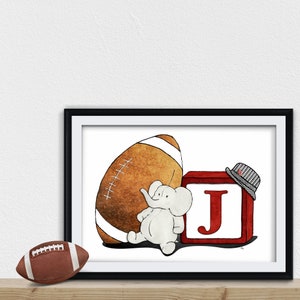 Alabama Elephant with Football and Single Block Themed Print, Personalized Elephant Nursery Wall Art ,Your Choice Of Initial A002