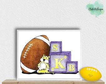 LSU Toy Tiger with Football and three Blocks art print you Personalize with Initials, Custom Wall Art, Shower Gift, Tiger Nursery Decor l001