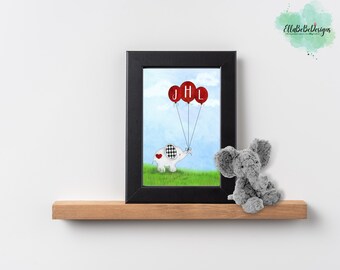 Alabama Elephant Print with Balloons and Blue Sky that you can Personalize with Initials or Name, Custom Elephant Nursery Decor A001