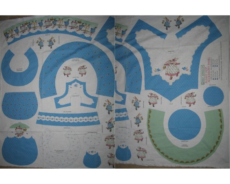 May include: A fabric pattern sheet with blue and green accents featuring a bunny rabbit design. The sheet includes multiple patterns for sewing a bunny rabbit themed project. The text on the sheet reads "Bunny Hop Accessory Panel".