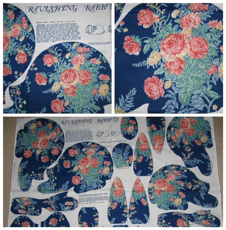 May include: A fabric pattern for a plush toy rabbit. The pattern is printed on white fabric and features a blue background with a floral design. The pattern includes instructions for making the toy, as well as a small illustration of the finished product. The text on the pattern reads "Ravishing Rabbits".