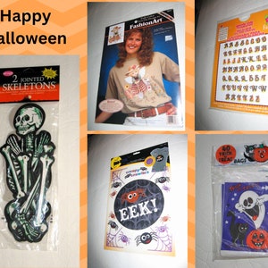 May include: A collection of Halloween-themed craft supplies, including two jointed skeleton cutouts, a spiderweb and spider sticker sheet, a set of alphabet iron-on letters, and a set of 40 trick or treat bags with a ghost and black cat design.