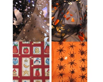 Halloween Fabric - Halloween Pumpkins, Ghosts, Daisy Kingdom, Witches, Spiders with Web, and Cats and Bats