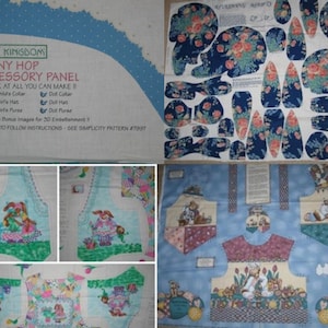 May include: A fabric panel with a blue background and floral pattern. The panel is divided into sections, each containing a different pattern. The panel is labeled "Bunny Hop Accessory Panel" and includes instructions for making a child's collar, girl's hat, girl's purse, doll collar, doll hat, and doll purse. The panel also includes bonus images for 30 embellishments. The panel is designed by Daisy Kingdom and is part of Simplicity pattern #7997.