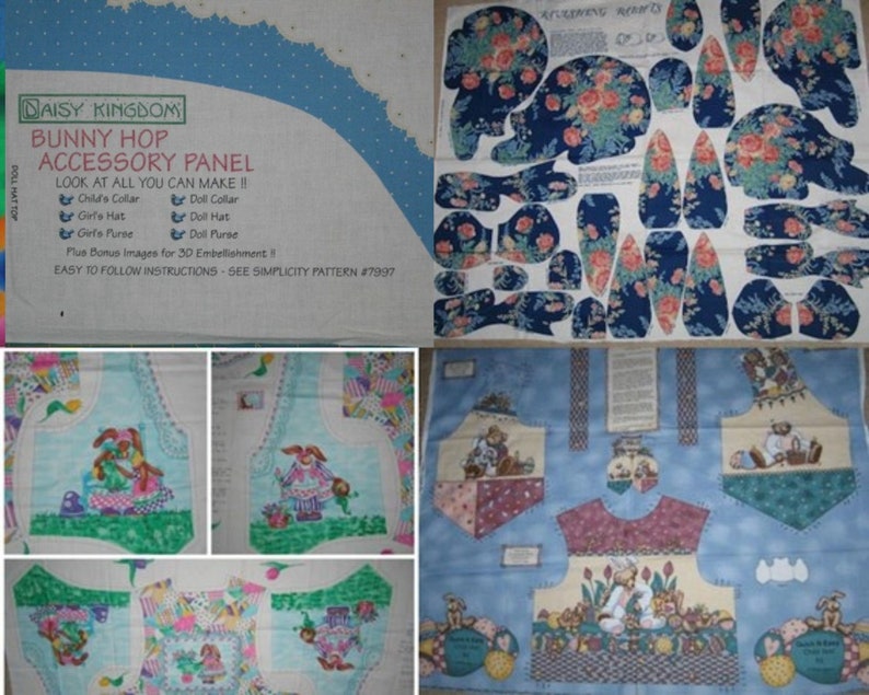 May include: A fabric panel with a blue background and floral pattern. The panel is divided into sections, each containing a different pattern. The panel is labeled "Bunny Hop Accessory Panel" and includes instructions for making a child's collar, girl's hat, girl's purse, doll collar, doll hat, and doll purse. The panel also includes bonus images for 30 embellishments. The panel is designed by Daisy Kingdom and is part of Simplicity pattern #7997.