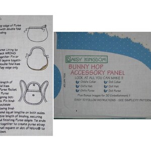 May include: A blue and white sewing pattern for a bunny hop accessory panel. The pattern includes instructions for making a child's collar, girl's hat, girl's purse, doll collar, doll hat, and doll purse. The pattern is from Daisy Kingdom and is Simplicity Pattern #7997.