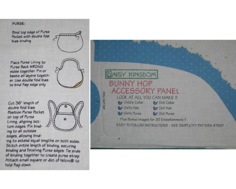 May include: A blue and white sewing pattern for a bunny hop accessory panel. The pattern includes instructions for making a child's collar, girl's hat, girl's purse, doll collar, doll hat, and doll purse. The pattern is from Daisy Kingdom and is Simplicity Pattern #7997.
