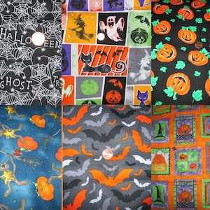 May include: Six different Halloween fabric prints featuring various designs including bats, pumpkins, ghosts, spiders, and witches. The fabrics are in a variety of colors, including black, orange, green, and gray.