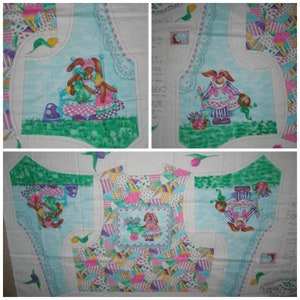 May include: A fabric panel with a patchwork design featuring bunnies and flowers. The panel is divided into four sections, each with a different design. The top left section features a bunny sitting on a chair, the top right section features a bunny holding a basket of flowers, the bottom left section features a bunny holding a watering can, and the bottom right section features a bunny holding a basket of flowers. The panel is printed on a white background.