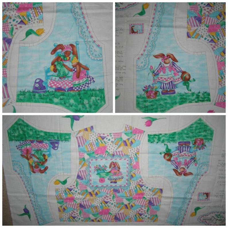 May include: A fabric panel with a patchwork design featuring bunnies and flowers. The panel is divided into four sections, each with a different design. The top left section features a bunny sitting on a chair, the top right section features a bunny holding a basket of flowers, the bottom left section features a bunny holding a watering can, and the bottom right section features a bunny holding a basket of flowers. The panel is printed on a white background.