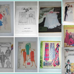 May include: A collection of vintage sewing patterns for various garments and projects, including a wedding dress, a child's apron, a baseball jacket, a skirt, and a tie. The patterns are from different brands, including Butterick, McCall's, and Simplicity.