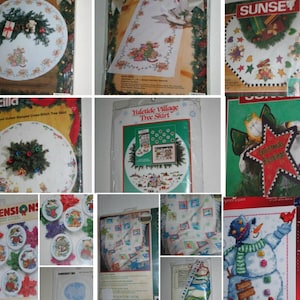 Bucilla and Yuletide Village Christmas Cross Stitch Kits - Tree Skirts, Table Runner, Noel Afghan, Sunset Cat-Chy Paws Tree Skirt and Topper