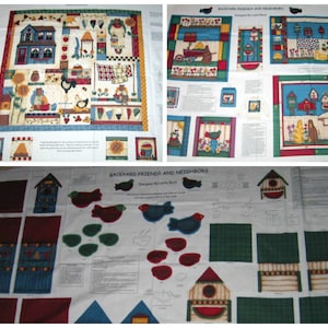 May include: A fabric panel with a patchwork design featuring a house, birds, and other backyard elements. The panel is titled "Backyard Friends and Neighbors" and is designed by Leslie Beck.