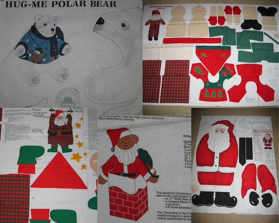 Christmas Fabric Panels - Hug Me Polar Bear Doll, Mountain Wood Santa Doll, Santa Doll, and Santa Bear with Chimney