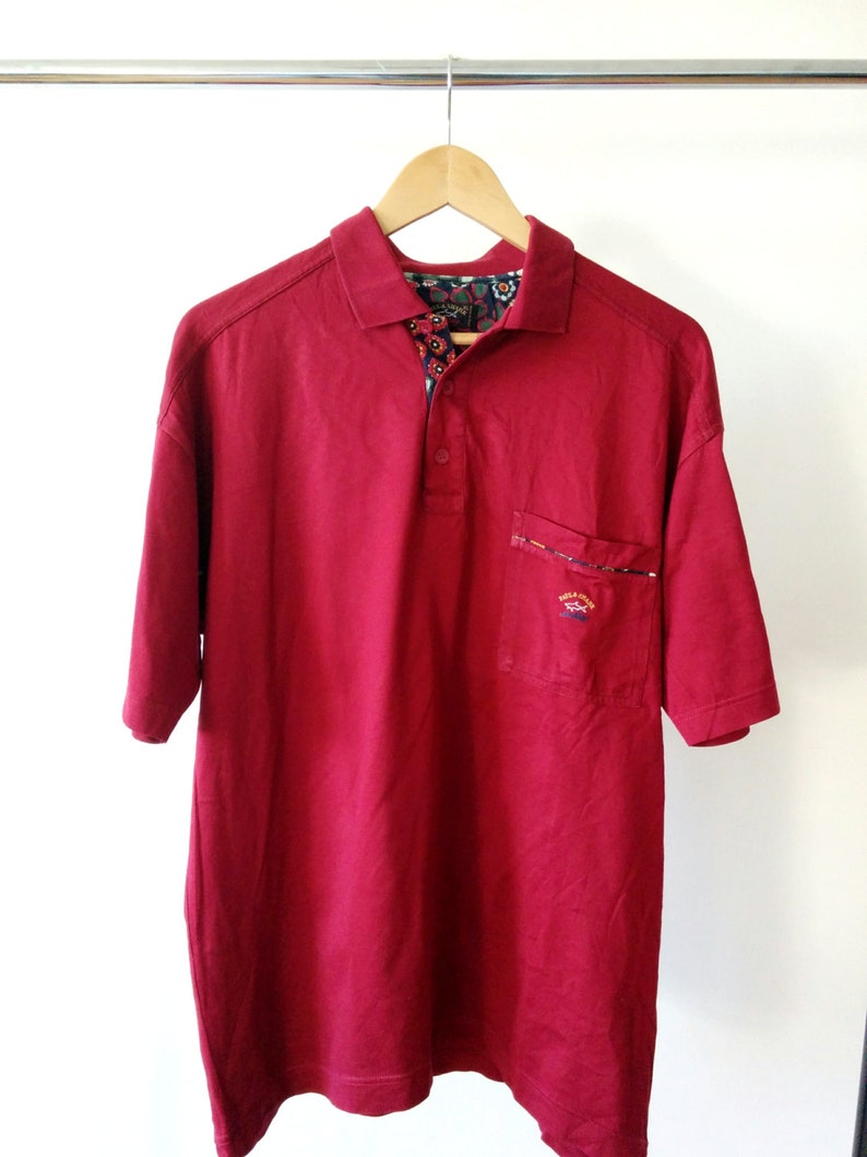 PAUL /& SHARK Vintage Yachting Made in Italy Bordeaux Red Polo Shirt with Floral Details XL sz