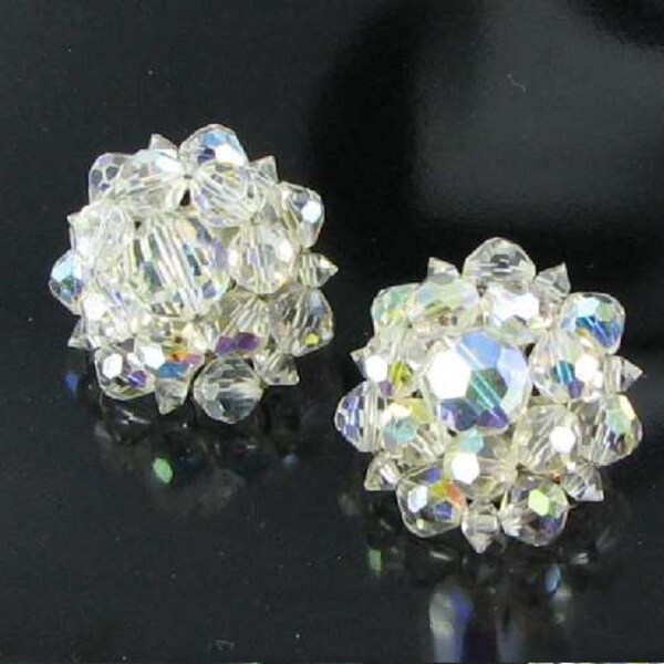 Vintage Aurora Borealis dazzling Glass Beaded Clip back Earrings bride wedding jewelry