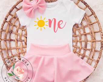 Sunshine first birthday outfit girl, smash cake outfit, sun one 1st birthday outfit, pink baby skirt, skirted bummies, baby girl clothes,