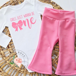 Pink bow coquette first birthday outfit girl, girls just wanna be one shirt, pink coquette 1st birthday outfit, flare pants, bell bottoms