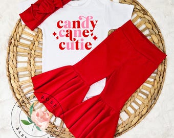 Baby girl candy cane cutie outfit, first Christmas outfit, red bell bottom pants, flare pants, hair bow, newborn infant holiday clothes gift