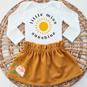 Little miss sunshine outfit,  sunshine birthday outfit, sun birthday outfit, first trip around the sun, golden yellow skirt, sunshine shirt
