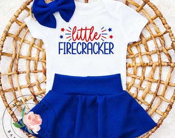 Little firecracker 4th of July outfit, firecracker birthday, red white and blue outfit, royal blue skirt, skirted bummies, patriotic clothes